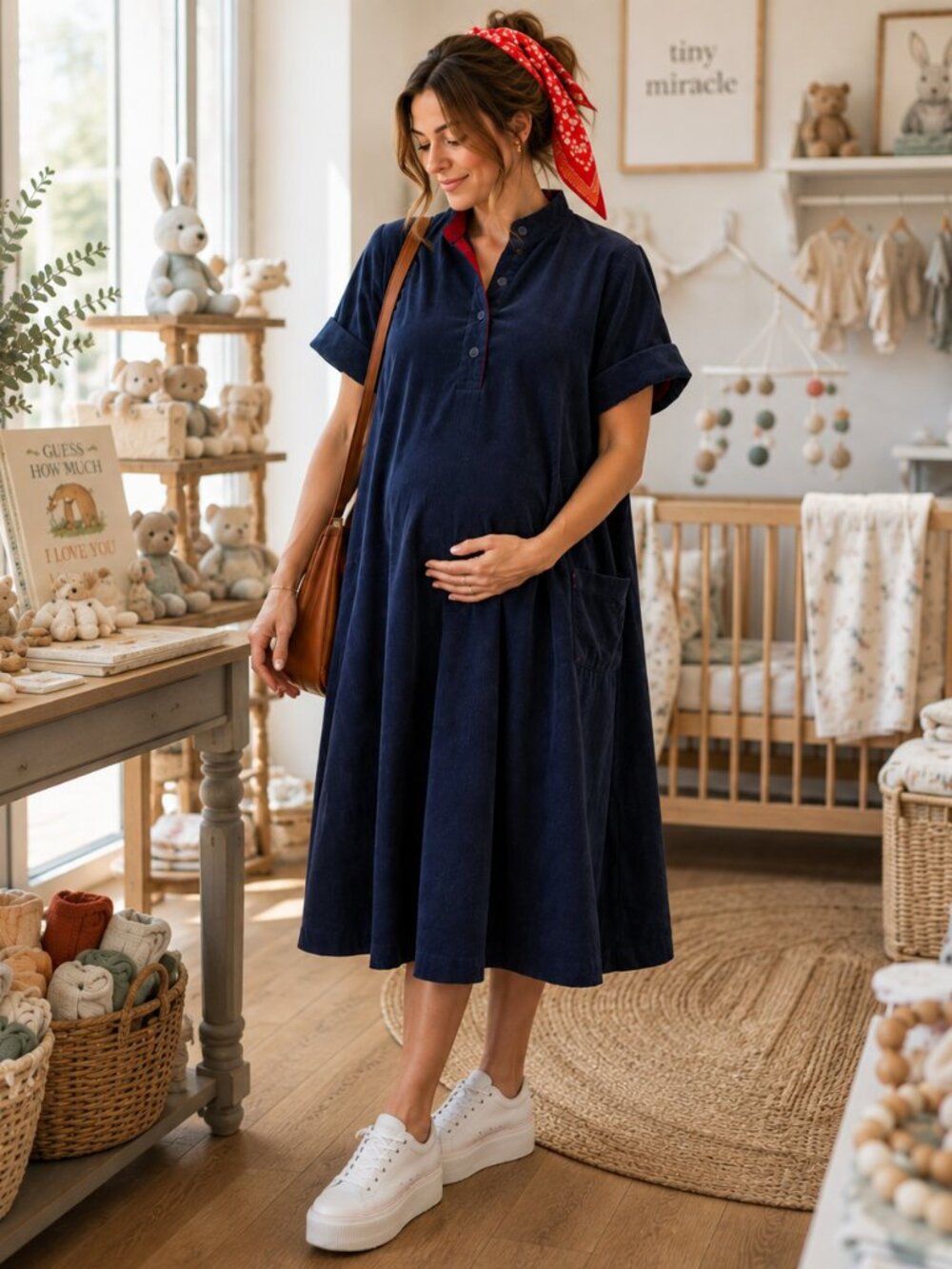 Vintage 80s Navy Corduroy Maternity Dress Size 12 USA Made
